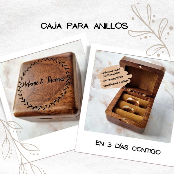 Caja para anillos de boda, personalizada con grabado individual. Hecho de madera de nogal. Perfecto para regalo.