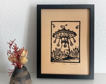 Linogravure originale « Champignon manège », 18x24cm, gravée & imprimée à la main, édition limitée