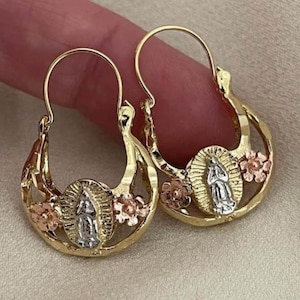 18 Karat Gold gefüllte Korbohrringe mit der Jungfrau Guadalupe/Jungfrau Maria