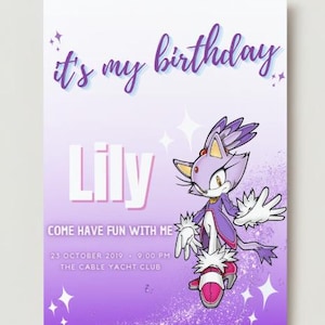 Puede incluir: Invitación de cumpleaños morada con un personaje de dibujos animados, un gato con un diseño de llama morado y naranja, y el texto "it's my birthday Lily COME HAVE FUN WITH ME 23 OCTOBER 2019 9:00 PM THE CABLE YACHT CLUB".