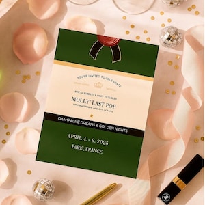 May include: An invitation card with the text "MOLLY' LAST POP" and event details, including the date and location. The card is on a white surface with champagne glasses, disco balls, rose petals, and a gold pen.