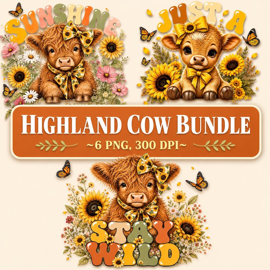 Highland Cow Png Bundle Sublimation, Baby Cow Nursery Cliparts ...