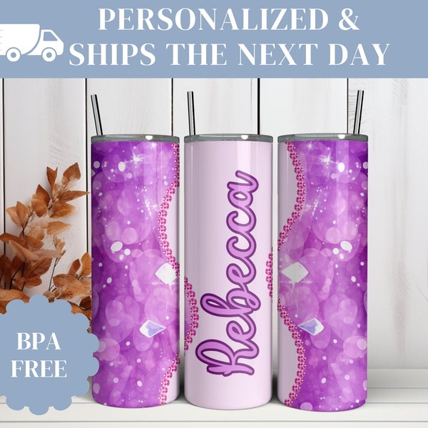 Personalized Amethyst Tumbler Custom Glitter Tumbler,Tumbler with Straw to go cup Wedding gift Bridesmaid cup