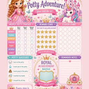 Pode incluir: Uma tabela rosa Princess Potty Adventure com uma princesa, um unicórnio, um castelo e uma carruagem. O layout inclui um rastreador semanal, estrelas de recompensa, uma tabela de adesivos, sucessos e um emblema de conquista real.