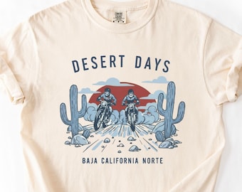 Desert Days Baja California Norte Riders T-Shirt | Motorrad-Kaktus-Sonnenuntergangs-T-Shirt