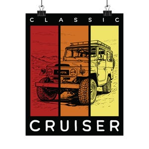 Póster mate de un clásico crucero: Toyota FJ40 Land Cruiser, arte de coche clásico, decoración de pared para entusiastas de los coches, regalo de automoción, decoración retro para el hogar.
