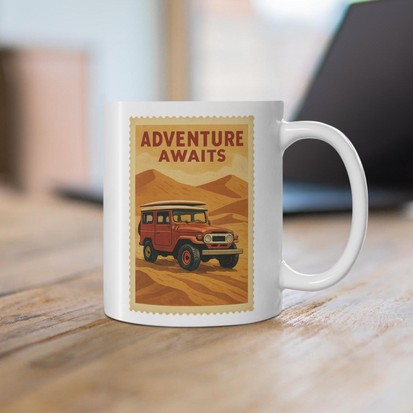 Vintage Toyota FJ40 Mug: Adventure Awaits Travel Stamp Coffee Cup