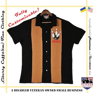 May include: Black and brown bowling shirt with a 300 Club logo and a bowling pin graphic. The shirt has a collar and short sleeves. The text "Fully Customizable!" is written in red on a white background. The text "Liberty Cuffs (tm) Fine Clothing" is written vertically on the left side of the image. The text "A DISABLED VETERAN OWNED SMALL BUSINESS" is written at the bottom of the image. The text "A proudly united American and Ukrainian store" is written vertically on the right side of the image. The text "VETERAN OWNED & OPERATED" is written on a red, white, and blue flag.
