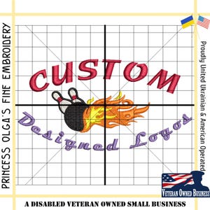 May include: Custom Designed Logos embroidered in red, yellow, orange, and purple with a bowling ball and flames. The text "CUSTOM" is in red, "Designed" is in purple, and "Logos" is in purple. The text "PRINCESS OLGA'S FINE EMBROIDERY" is in black and white on the left side of the image. The text "Proudly United Ukrainian & American Operated" is in black and white on the right side of the image. The text "A DISABLED VETERAN OWNED SMALL BUSINESS" is in black and white at the bottom of the image. The image also includes a Ukrainian flag and an American flag in the top right corner. The text "VETERAN OWNED BUSINESS" is in white on a red, white, and blue American flag.