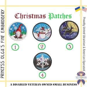 May include: Four embroidered Christmas patches with different designs: a gnome holding a lantern, a snowman, a reindeer under a moon, and a snowflake. The patches are numbered 1 through 4.