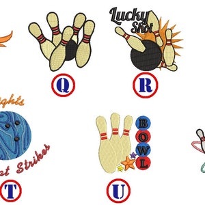 May include: A set of 10 different bowling-themed embroidery designs. The designs feature bowling balls, pins, and various phrases related to bowling. The designs are in a variety of colors, including red, blue, yellow, and green.