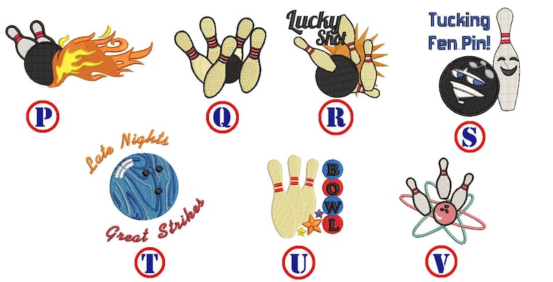 May include: A set of 10 different bowling-themed embroidery designs. The designs feature bowling balls, pins, and various phrases related to bowling. The designs are in a variety of colors, including red, blue, yellow, and green.