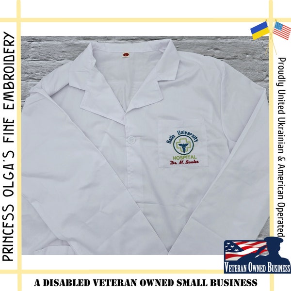 Custom Embroidered Lab Coat with hospital logo + name