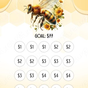 Pu&ograve; includere: Illustrazione digitale a tema ape. Le parole "BUSY BEE" sono in alto. L'immagine include un'illustrazione dettagliata di un'ape, fiori e un obiettivo di $77. Ci sono cerchi con importi.