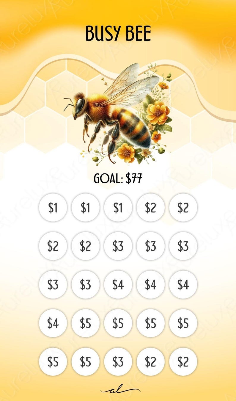 Pu&ograve; includere: Illustrazione digitale a tema ape. Le parole "BUSY BEE" sono in alto. L'immagine include un'illustrazione dettagliata di un'ape, fiori e un obiettivo di $77. Ci sono cerchi con importi.