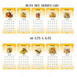 Pu&ograve; includere: Una collezione di tracker di obiettivi "Busy Bee Series" in formato A6. Ogni scheda presenta un'illustrazione ad acquerello di api, vasi di miele e girasoli. Le schede misurano 9,5 cm x 17,1 cm.