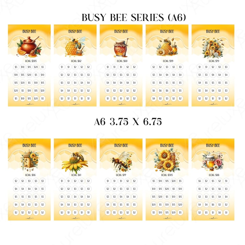 Pu&ograve; includere: Una collezione di tracker di obiettivi "Busy Bee Series" in formato A6. Ogni scheda presenta un'illustrazione ad acquerello di api, vasi di miele e girasoli. Le schede misurano 9,5 cm x 17,1 cm.