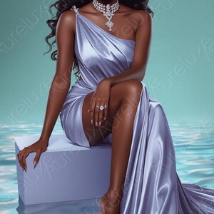 Puede incluir: Ilustraci&oacute;n de una mujer con un vestido fluido, asim&eacute;trico, gris plateado, adornado con joyas brillantes. Est&aacute; sentada en un cubo blanco, con el texto "SEA SERENITY" en la parte inferior. El fondo es turquesa.