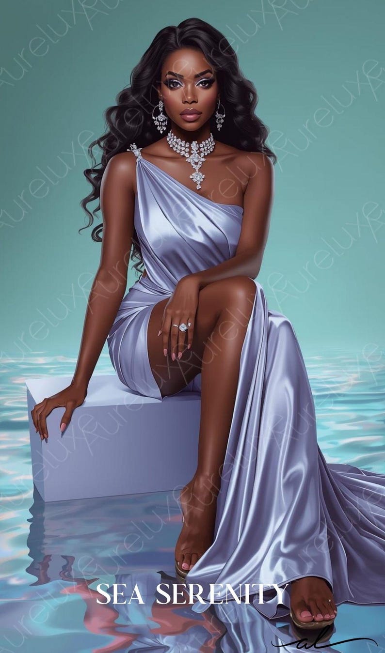Puede incluir: Ilustraci&oacute;n de una mujer con un vestido fluido, asim&eacute;trico, gris plateado, adornado con joyas brillantes. Est&aacute; sentada en un cubo blanco, con el texto "SEA SERENITY" en la parte inferior. El fondo es turquesa.