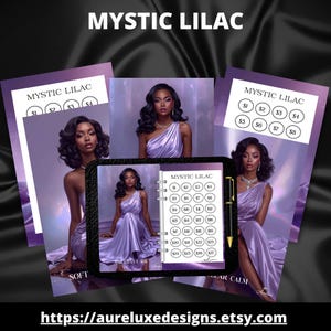 May include: A collection of Mystic Lilac savings challenge trackers featuring a person in a satin one-shoulder dress. The set includes a black binder with a gold pen, multiple printed sheets with circular dollar amount icons, and purple gradients.