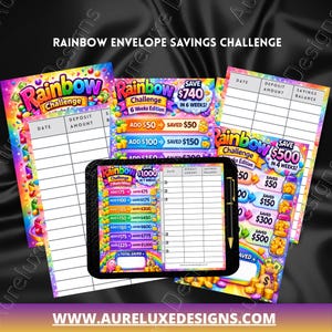May include: A collection of colorful Rainbow Envelope Savings Challenge printables. The designs include various savings goals, with text such as "Save $740 in 6 weeks" and "Save $1000 in 7 weeks". The printables feature a rainbow theme.