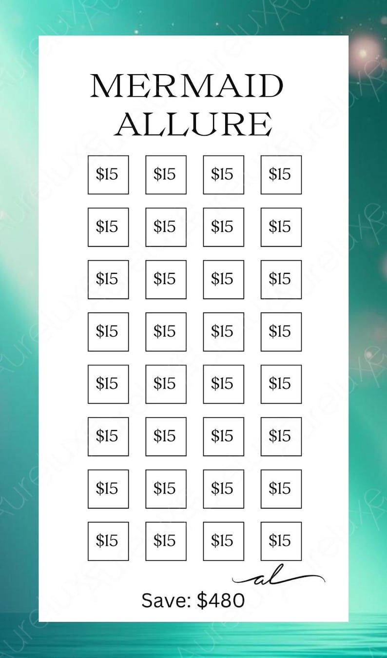 Puede incluir: Gr&aacute;fico blanco con el texto &laquo;MERMAID ALLURE&raquo; en la parte superior. Debajo hay 24 casillas, cada una con &laquo;15 &euro;&raquo; en su interior. El gr&aacute;fico tambi&eacute;n incluye el texto &laquo;Ahorra: 480 &euro;&raquo; en la parte inferior.