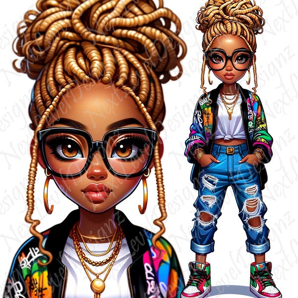 Meet Shelley An Exclusive African American Chibi Woman Transparent PNG Bundle: Trendy, Stylish Print-On-Demand Digital Images