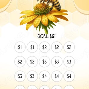 Pu&ograve; includere: Illustrazione digitale a tema giallo e oro. L'immagine presenta un'ape su un fiore giallo, con il testo "BUSY BEE" in alto. Sotto, cerchi con importi in euro e l'obiettivo &egrave; di 61 &euro;.