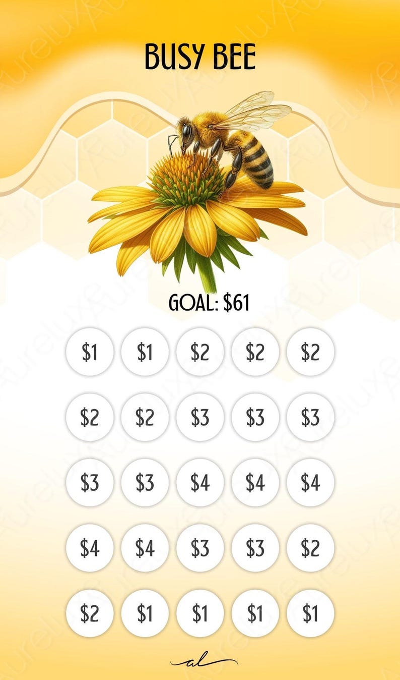 Pu&ograve; includere: Illustrazione digitale a tema giallo e oro. L'immagine presenta un'ape su un fiore giallo, con il testo "BUSY BEE" in alto. Sotto, cerchi con importi in euro e l'obiettivo &egrave; di 61 &euro;.