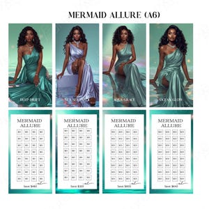 Puede incluir: Imagen promocional titulada "MERMAID ALLURE" con cuatro mujeres con elegantes vestidos fluidos en tonos verde azulado, lavanda y verde mar. Cada mujer posa de manera diferente. Debajo hay cuadr&iacute;culas de productos con precios.