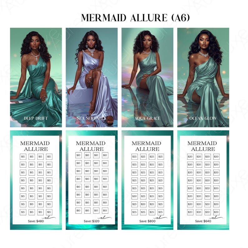 Puede incluir: Imagen promocional titulada "MERMAID ALLURE" con cuatro mujeres con elegantes vestidos fluidos en tonos verde azulado, lavanda y verde mar. Cada mujer posa de manera diferente. Debajo hay cuadr&iacute;culas de productos con precios.
