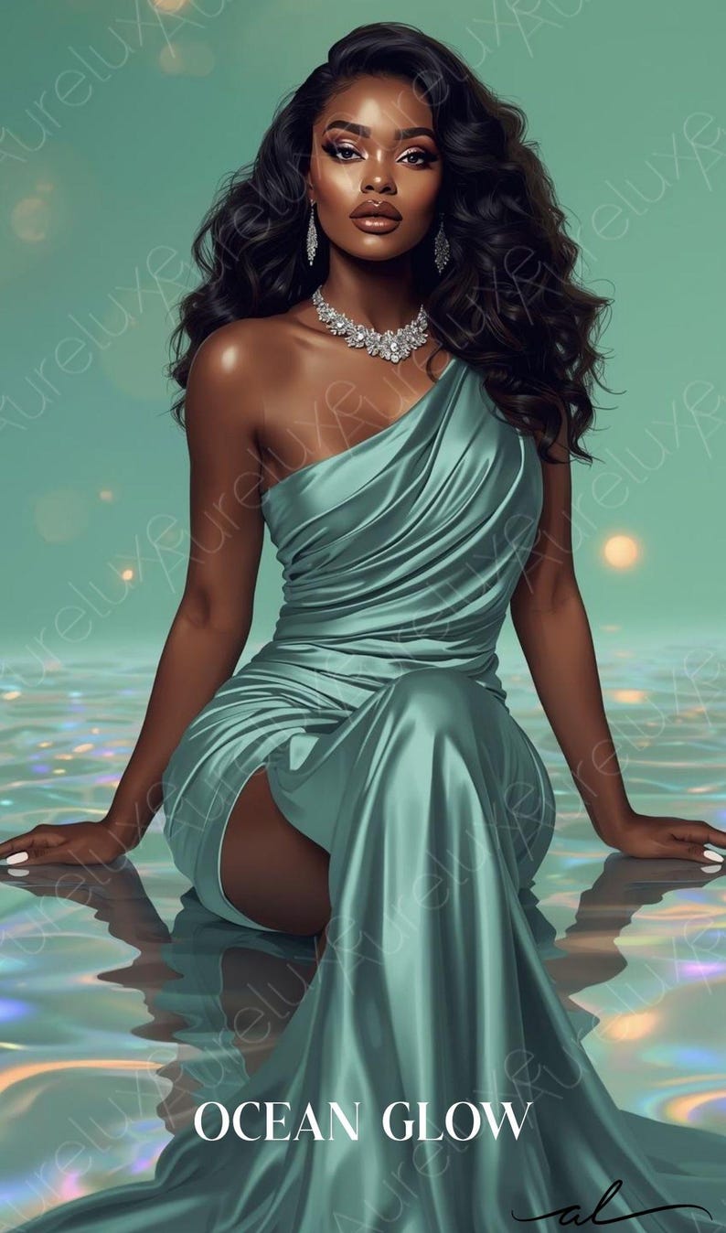 Puede incluir: Ilustraci&oacute;n de una persona con un vestido fluido verde mar a un hombro con una abertura alta. La persona lleva un collar y pendientes de diamantes. El texto "OCEAN GLOW" est&aacute; en la parte inferior.