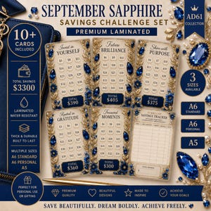 May include: A September Sapphire savings challenge set featuring premium laminated cards with blue and gold floral designs. The set includes multiple trackers with dollar amounts, a savings log, and text detailing features like water resistance and durability.