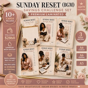 May include: A Sunday Reset savings challenge set featuring 10+ premium laminated cards with various financial tracking layouts, including savings trackers and goal lists, displayed alongside a pink binder and a gold pen on a neutral background.