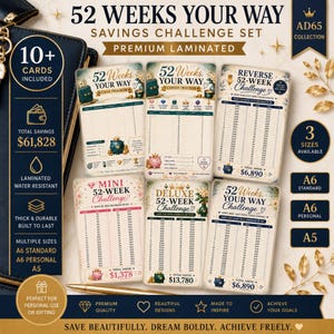May include: A 52 Weeks Your Way savings challenge set featuring six laminated cards with various financial tracking grids, including cash, deluxe, and reverse challenges, with gold accents, floral motifs, and piggy bank illustrations.