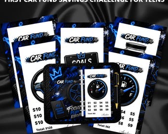 May include: A collection of blue and black car fund savings challenge printables. The design includes a steering wheel, a fuel gauge, and the text "CAR FUND". The text "FIRST CAR FUND SAVINGS CHALLENGE FOR TEENS" is at the top.