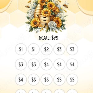Pu&ograve; includere: Illustrazione digitale con il testo "BUSY BEE". L'immagine presenta un alveare, girasoli e api. Sotto, cerchi con importi in euro, l'obiettivo &egrave; 79 &euro;. Lo sfondo &egrave; giallo.