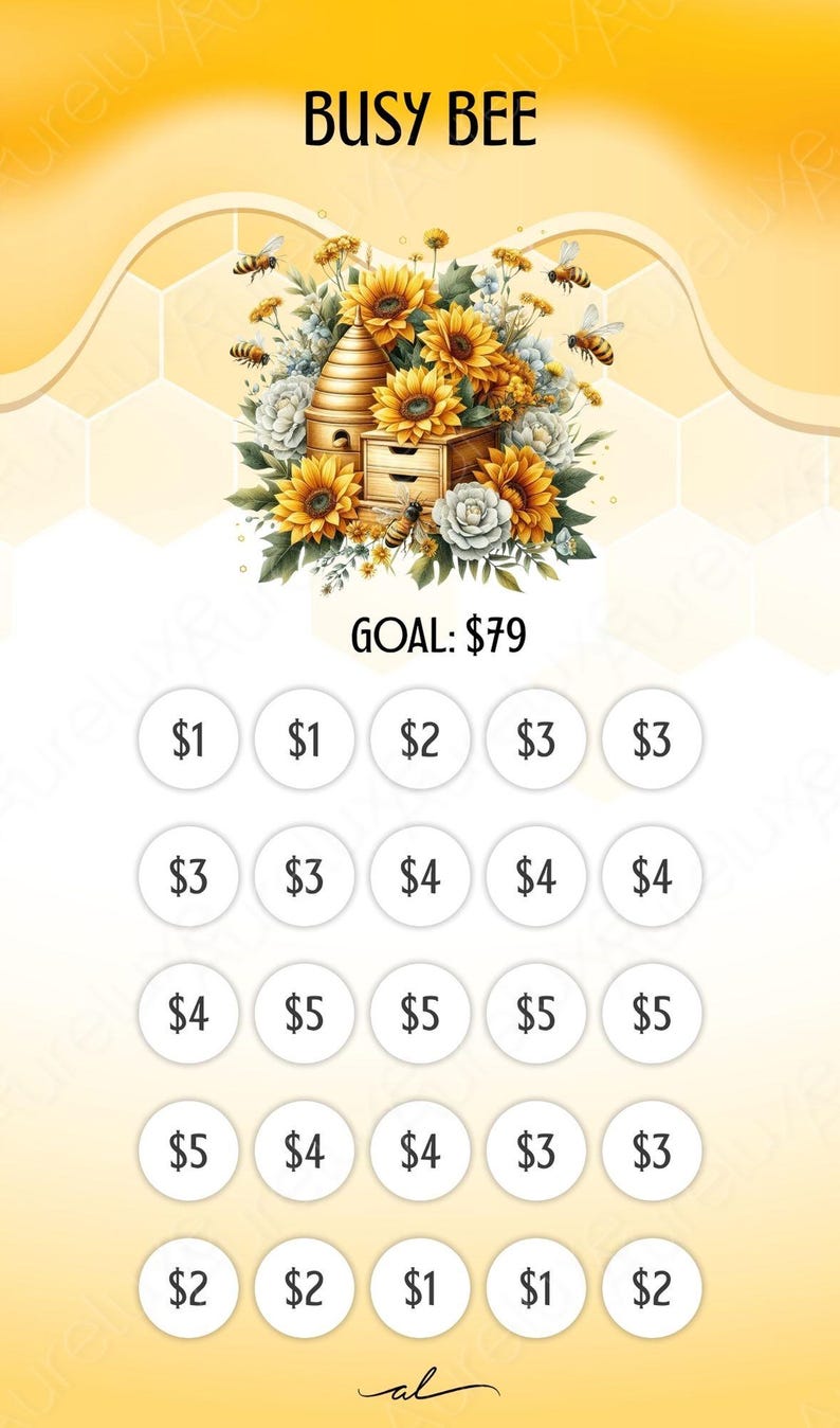 Pu&ograve; includere: Illustrazione digitale con il testo "BUSY BEE". L'immagine presenta un alveare, girasoli e api. Sotto, cerchi con importi in euro, l'obiettivo &egrave; 79 &euro;. Lo sfondo &egrave; giallo.