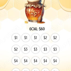 Pu&ograve; includere: Illustrazione di un vasetto di miele con un cucchiaio, con le scritte "BUSY BEE" e "GOAL: $60". Il design include cerchi con importi in dollari, suggerendo un tema di risparmio. Lo sfondo &egrave; giallo.