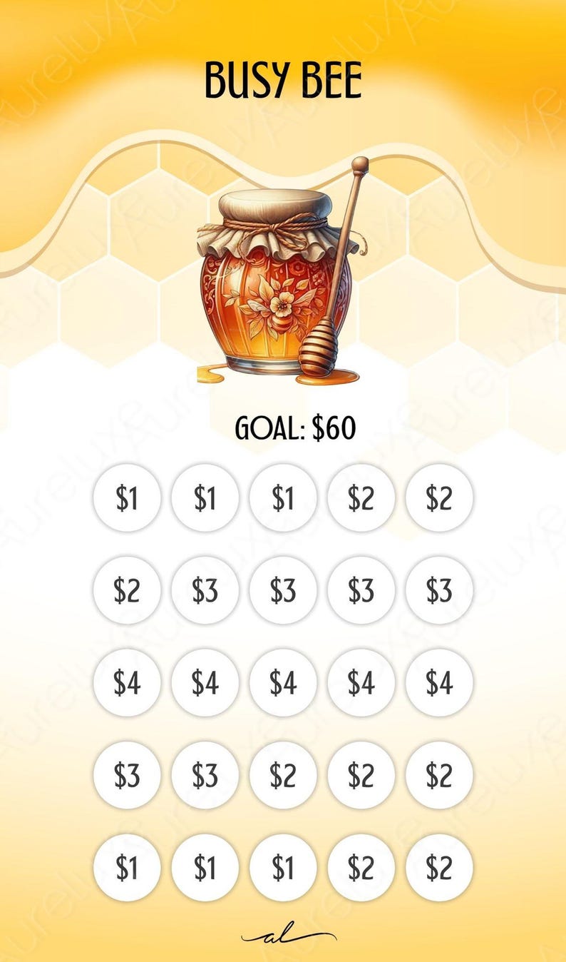 Pu&ograve; includere: Illustrazione di un vasetto di miele con un cucchiaio, con le scritte "BUSY BEE" e "GOAL: $60". Il design include cerchi con importi in dollari, suggerendo un tema di risparmio. Lo sfondo &egrave; giallo.