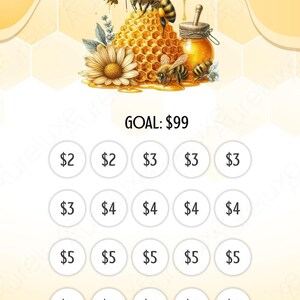 Pu&ograve; includere: Illustrazione digitale a tema giallo e bianco, con il testo "BUSY BEE". L'immagine include api, un favo e un barattolo di miele. L'obiettivo &egrave; $99, con cerchi contenenti importi.