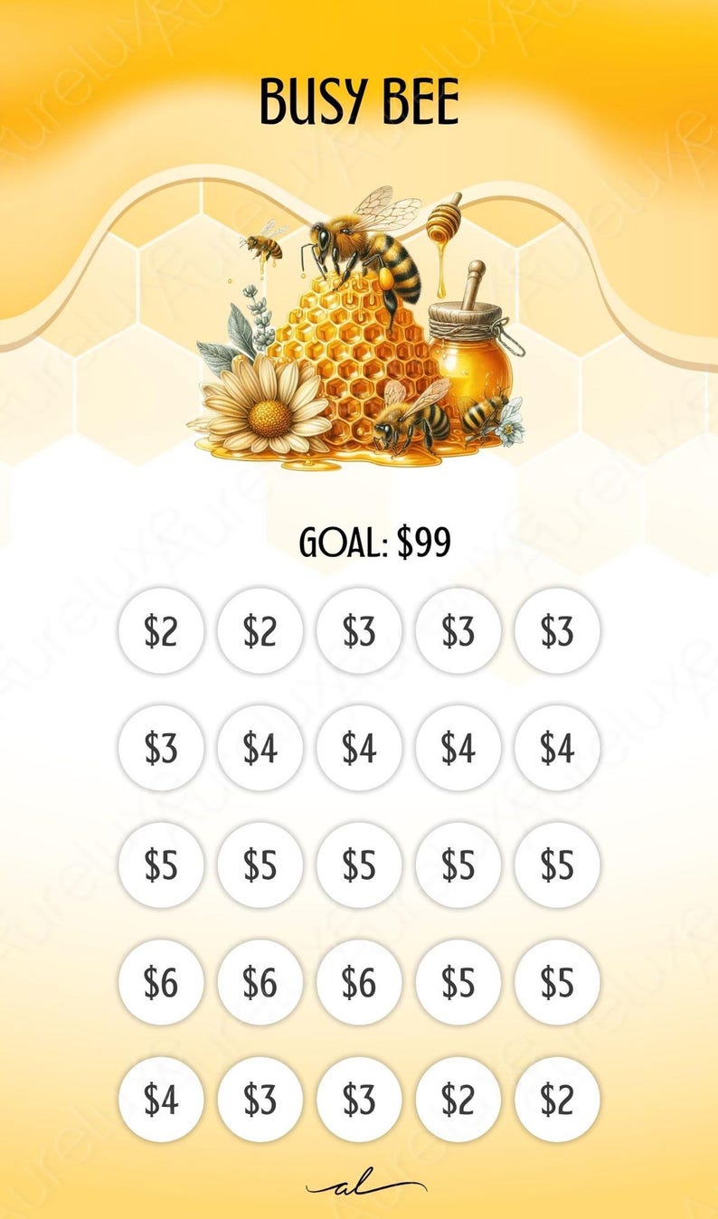 Pu&ograve; includere: Illustrazione digitale a tema giallo e bianco, con il testo "BUSY BEE". L'immagine include api, un favo e un barattolo di miele. L'obiettivo &egrave; $99, con cerchi contenenti importi.