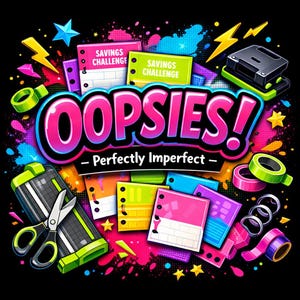 May include: A vibrant graphic with the word "OOPSIES!" in pink and blue, with the tagline "Perfectly Imperfect." The image includes colorful stationery, scissors, a hole punch, and "Savings Challenge" cards, all set against a black background with neon accents.