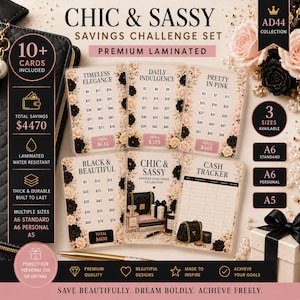 May include: A Chic & Sassy savings challenge set featuring 10+ premium laminated cards with floral designs in black, cream, and pink. The cards include trackers for Timeless Elegance, Daily Indulgence, Pretty in Pink, Black & Beautiful, and a cash tracker.