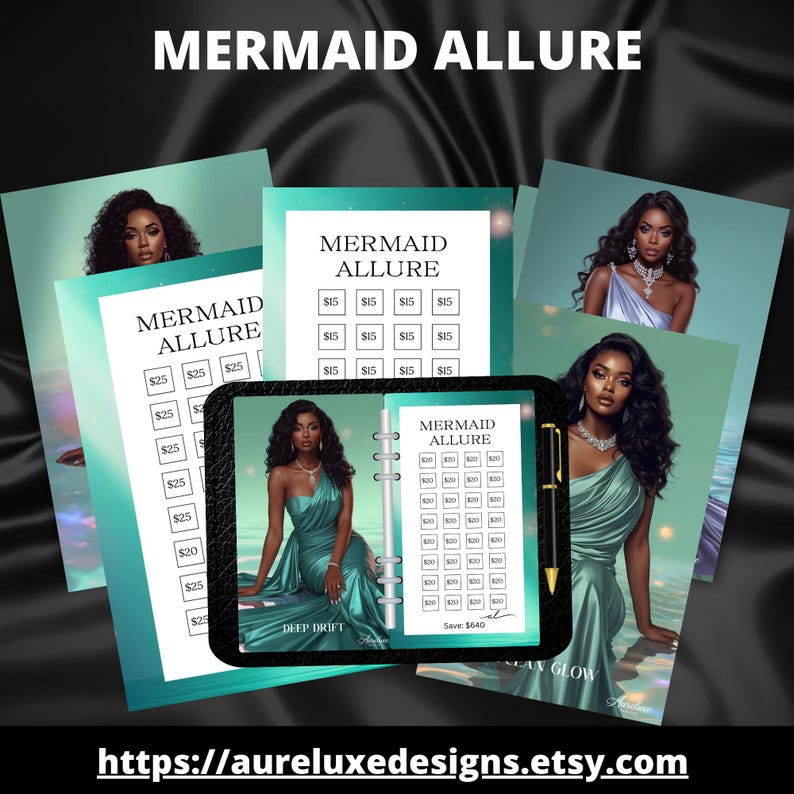 Set de reto de ahorro Mermaid Allure A6 – Tarjetas de ahorro A6 inspiradas en el océano imagen 1