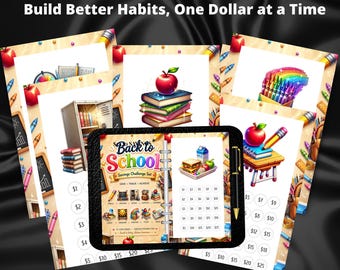 May include: An image promoting a back-to-school savings challenge. The design includes illustrations of school supplies, books, and apples. Text includes "Back to School Savings Challenge" and "Build Better Habits, One Dollar at a Time."