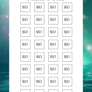Puede incluir: Un gr&aacute;fico blanco con las palabras "MERMAID ALLURE" en la parte superior. Debajo hay 20 cuadrados, cada uno con "$10" en su interior. La parte inferior del gr&aacute;fico dice "Ahorra: $320".