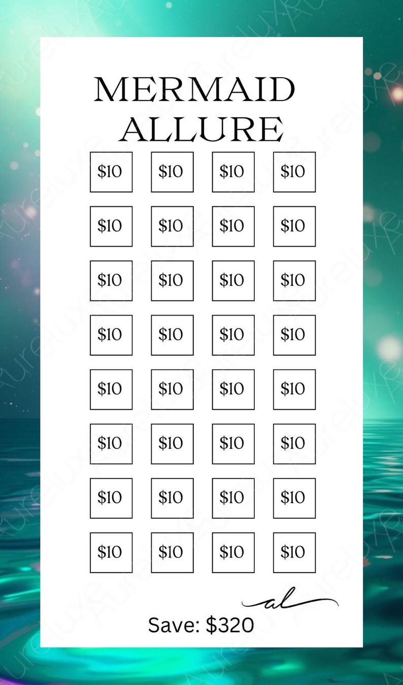 Puede incluir: Un gr&aacute;fico blanco con las palabras "MERMAID ALLURE" en la parte superior. Debajo hay 20 cuadrados, cada uno con "$10" en su interior. La parte inferior del gr&aacute;fico dice "Ahorra: $320".