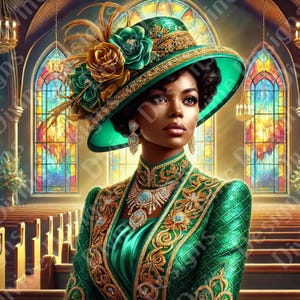 Elegant African American First Lady Church Portraits – Digital Art Prints - Emerald Green|Planners| Covers|Clipart | Journals