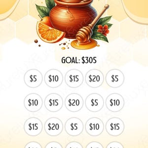Pu&ograve; includere: Illustrazione digitale con il testo "BUSY BEE". L'immagine presenta un vasetto di miele, un misurino per il miele e una fetta d'arancia. Sotto, c'&egrave; un obiettivo di 305 $ e cerchi con importi.